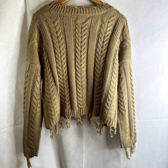Altar'd State Scoop Neck Cable Knit Fringe Sweater Size Medium - Picture 2 of 9